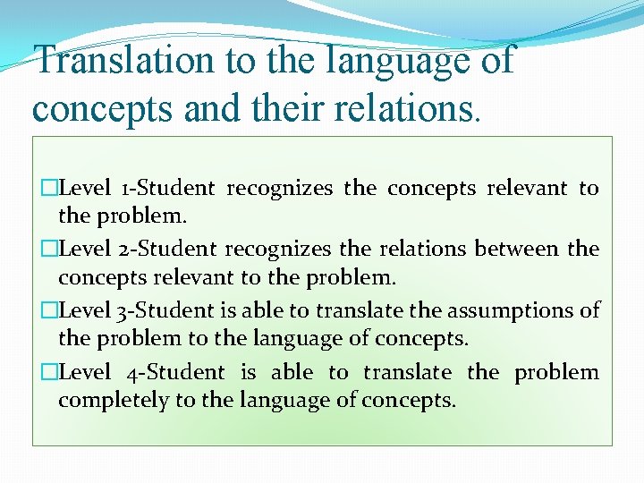 Translation to the language of concepts and their relations. �Level 1 -Student recognizes the