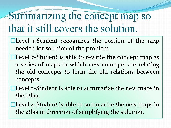 Summarizing the concept map so that it still covers the solution. �Level 1 -Student