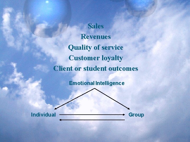 Sales Revenues Quality of service Customer loyalty Client or student outcomes Emotional Intelligence Individual