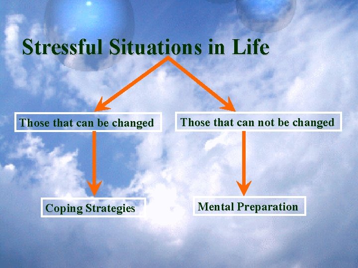 Stressful Situations in Life Those that can be changed Coping Strategies Those that can