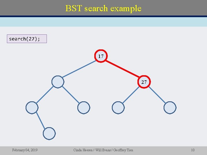 BST search example search(27); 17 27 February 04, 2019 Cinda Heeren / Will Evans