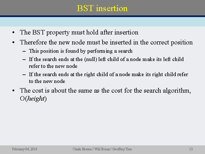 BST insertion • The BST property must hold after insertion • Therefore the new