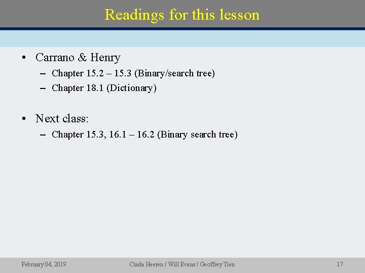 Readings for this lesson • Carrano & Henry – Chapter 15. 2 – 15.