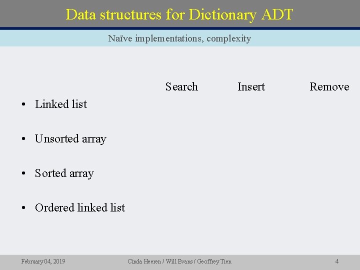 Data structures for Dictionary ADT Naïve implementations, complexity Search Insert Remove • Linked list