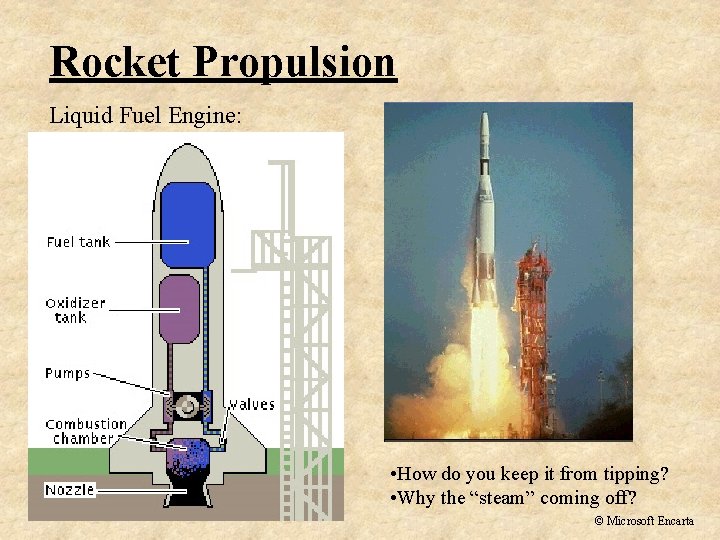 Rocket Propulsion Liquid Fuel Engine: • How do you keep it from tipping? •