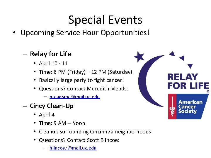 Special Events • Upcoming Service Hour Opportunities! – Relay for Life • • April