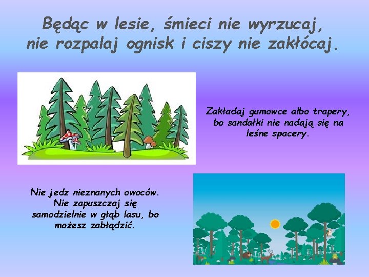 Będąc w lesie, śmieci nie wyrzucaj, nie rozpalaj ognisk i ciszy nie zakłócaj. Zakładaj