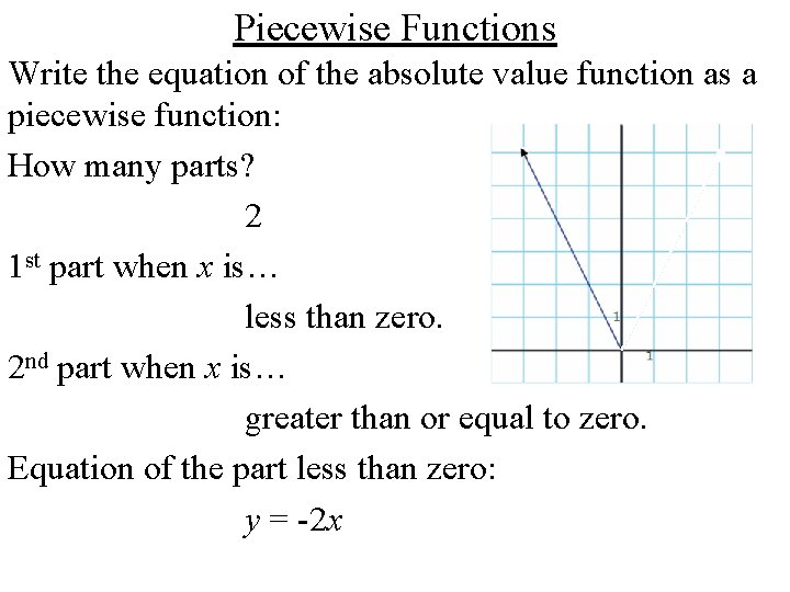 Piecewise Functions Write the equation of the absolute value function as a piecewise function: Piecewise Functions Write the equation of the absolute value function as a piecewise function: