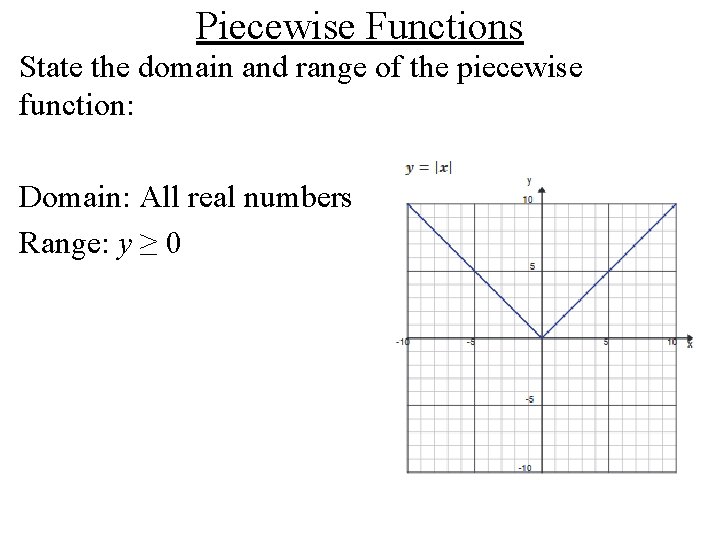 Piecewise Functions State the domain and range of the piecewise function: Domain: All real Piecewise Functions State the domain and range of the piecewise function: Domain: All real