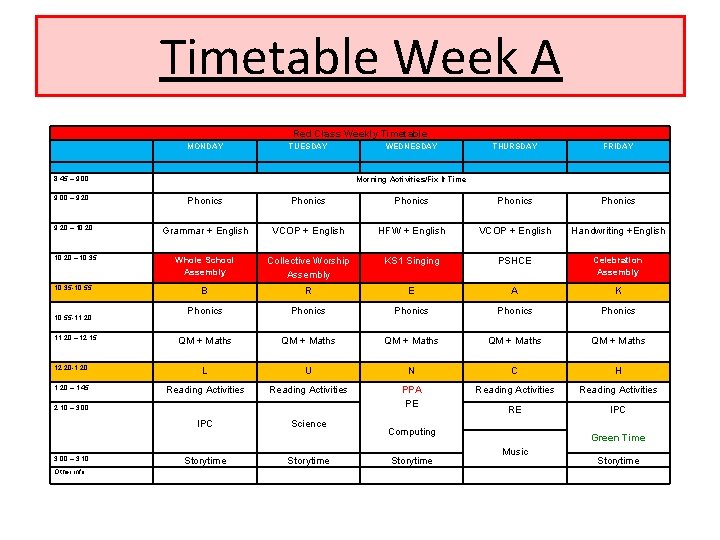 Timetable Week A Timetable Red Class Weekly Timetable MONDAY TUESDAY 8: 45 – 9: