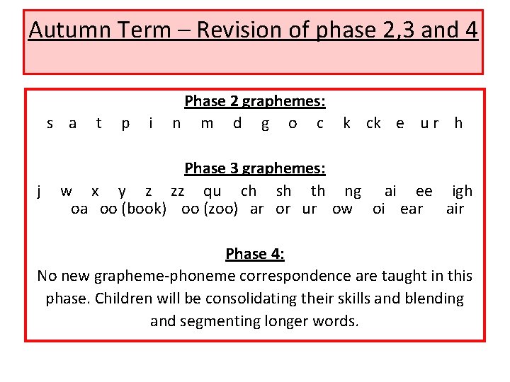 Autumn Term – Revision of phase 2, 3 and 4 s a j t