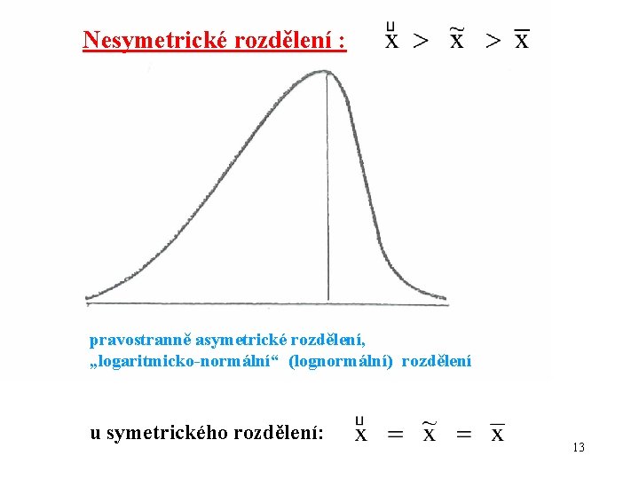 Nesymetrické rozdělení : pravostranně asymetrické rozdělení, „logaritmicko-normální“ (lognormální) rozdělení u symetrického rozdělení: 13 