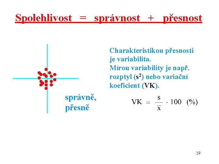 Spolehlivost = správnost + přesnost Charakteristikou přesnosti je variabilita. Mírou variability je např. rozptyl