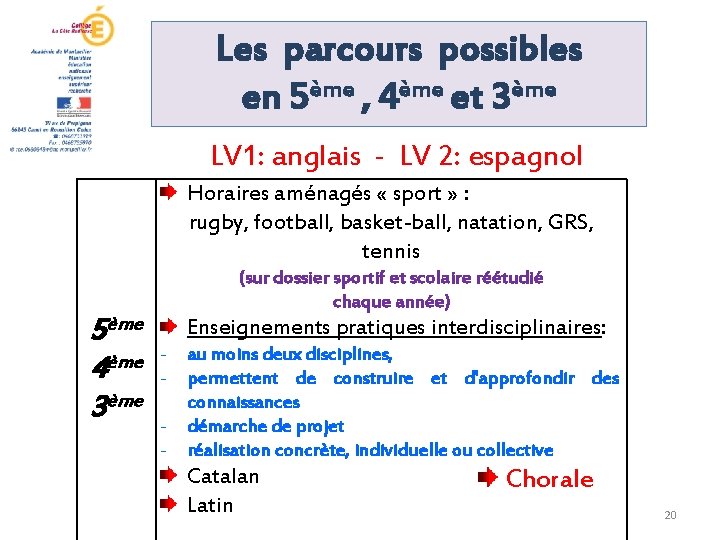 Les parcours possibles en 5ème , 4ème et 3ème LV 1: anglais - LV