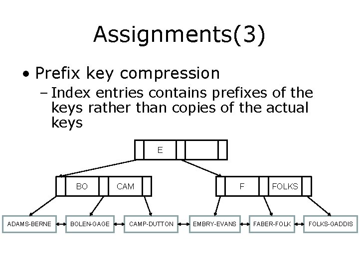 Assignments(3) • Prefix key compression – Index entries contains prefixes of the keys rather Assignments(3) • Prefix key compression – Index entries contains prefixes of the keys rather
