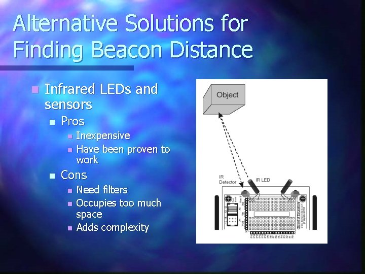 Alternative Solutions for Finding Beacon Distance n Infrared LEDs and sensors n Pros n