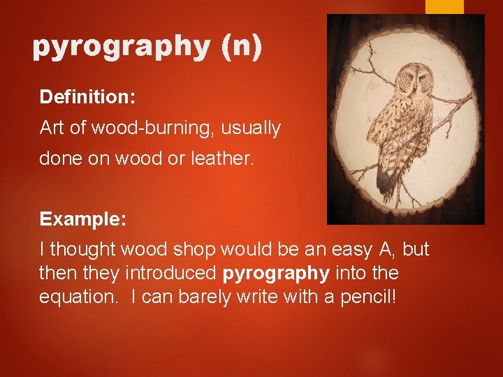 pyrography (n) Definition: Art of wood-burning, usually done on wood or leather. Example: I