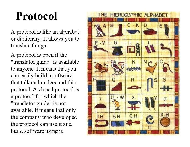 Protocol A protocol is like an alphabet or dictionary. It allows you to translate