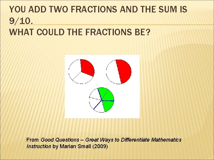 YOU ADD TWO FRACTIONS AND THE SUM IS 9/10. WHAT COULD THE FRACTIONS BE?