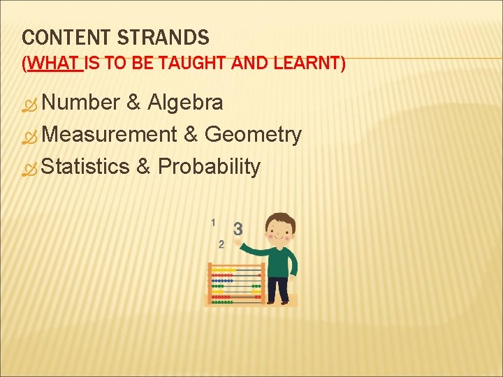CONTENT STRANDS (WHAT IS TO BE TAUGHT AND LEARNT) Number & Algebra Measurement &