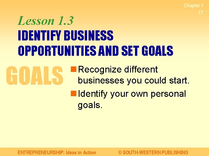 Lesson 1. 3 IDENTIFY BUSINESS OPPORTUNITIES AND SET GOALS Chapter 1 17 n Recognize