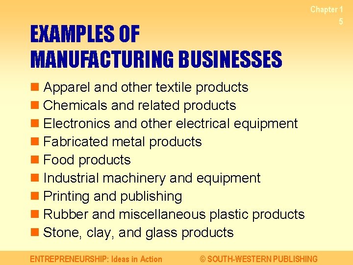EXAMPLES OF MANUFACTURING BUSINESSES Chapter 1 5 n Apparel and other textile products n