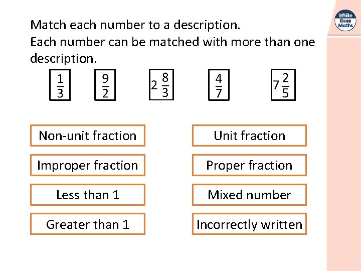 Match each number to a description. Each number can be matched with more than