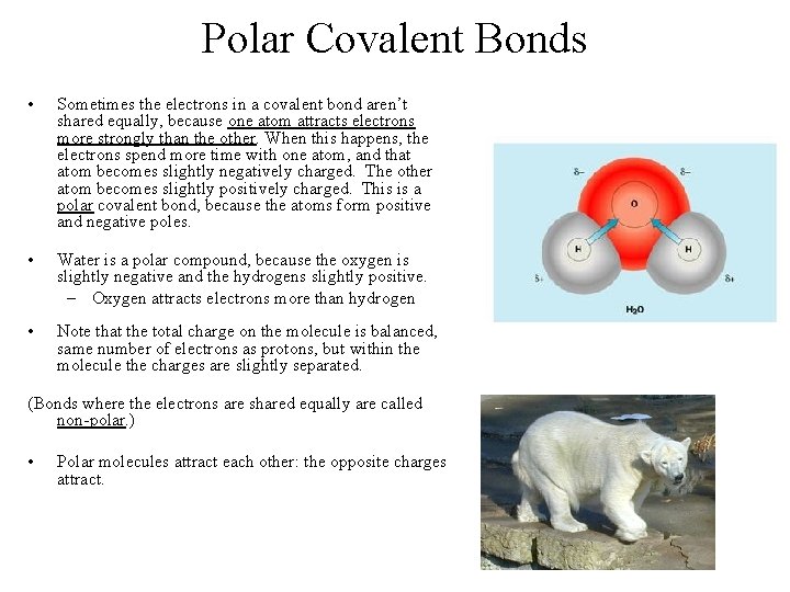 Polar Covalent Bonds • Sometimes the electrons in a covalent bond aren’t shared equally,