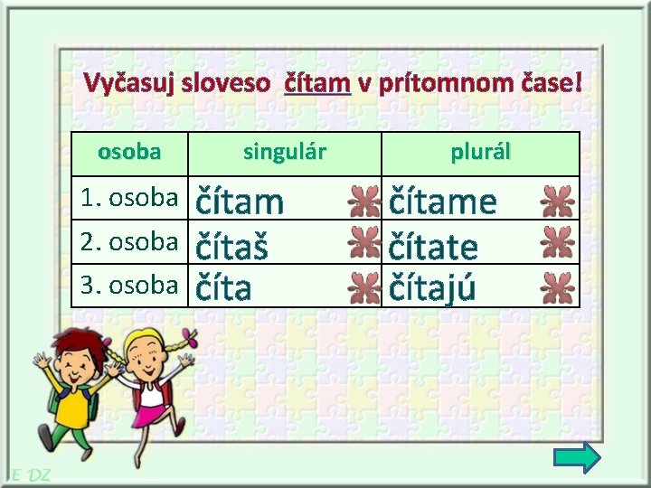 Vyčasuj sloveso čítam v prítomnom čase! osoba 1. osoba 2. osoba 3. osoba singulár