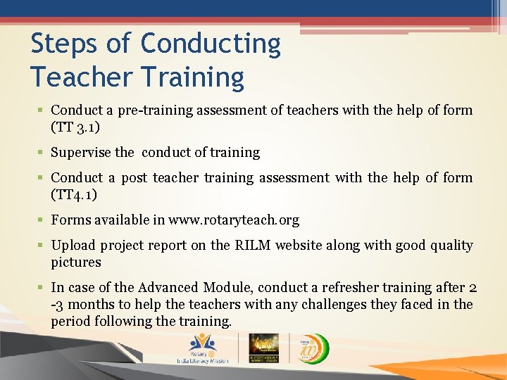 Steps of Conducting Teacher Training § Conduct a pre-training assessment of teachers with the