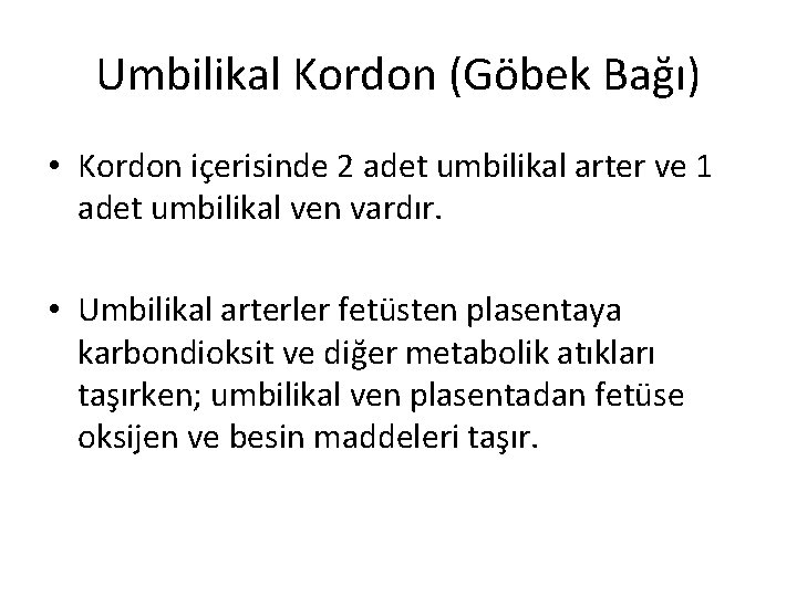 Umbilikal Kordon (Göbek Bağı) • Kordon içerisinde 2 adet umbilikal arter ve 1 adet