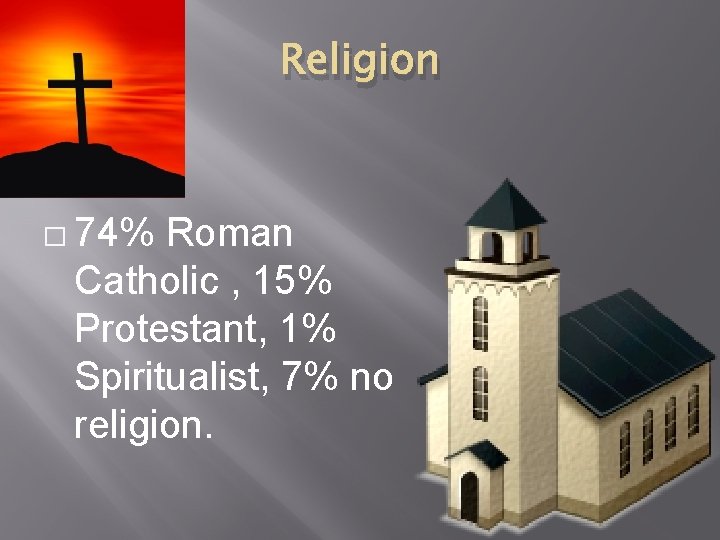 Religion � 74% Roman Catholic , 15% Protestant, 1% Spiritualist, 7% no religion. 