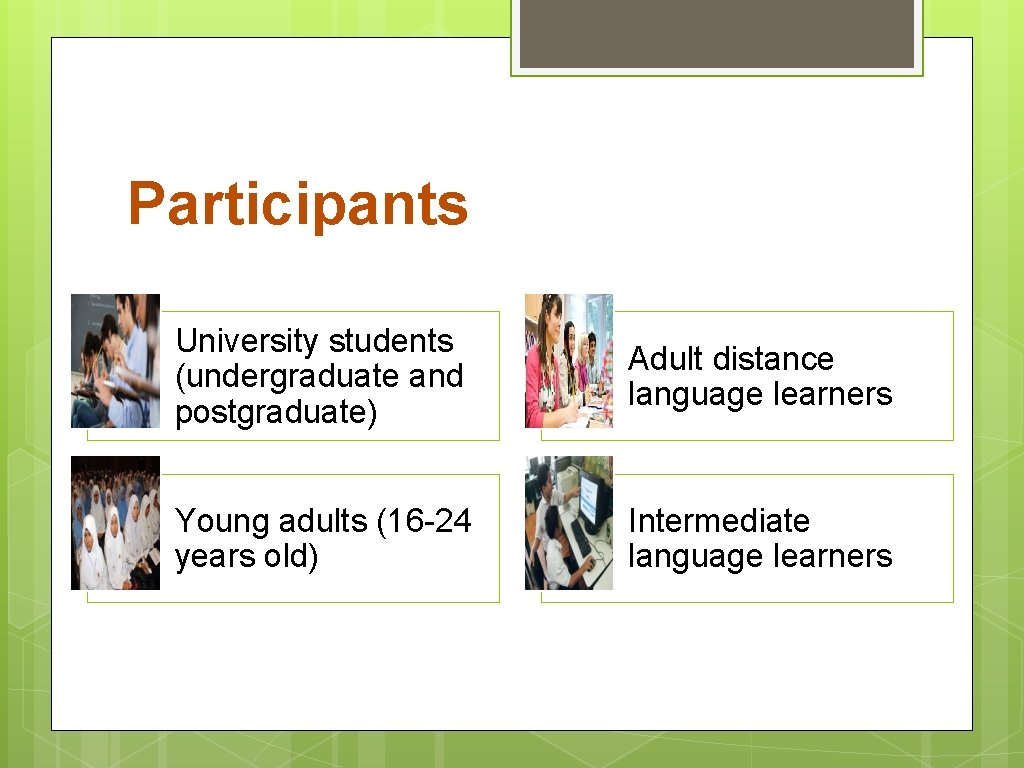 Participants University students (undergraduate and postgraduate) Adult distance language learners Young adults (16 -24