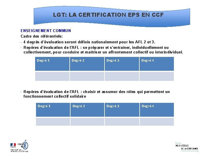 LGT: LA CERTIFICATION EPS EN CCF ENSEIGNEMENT COMMUN Cadre des référentiels: - 4 degrés