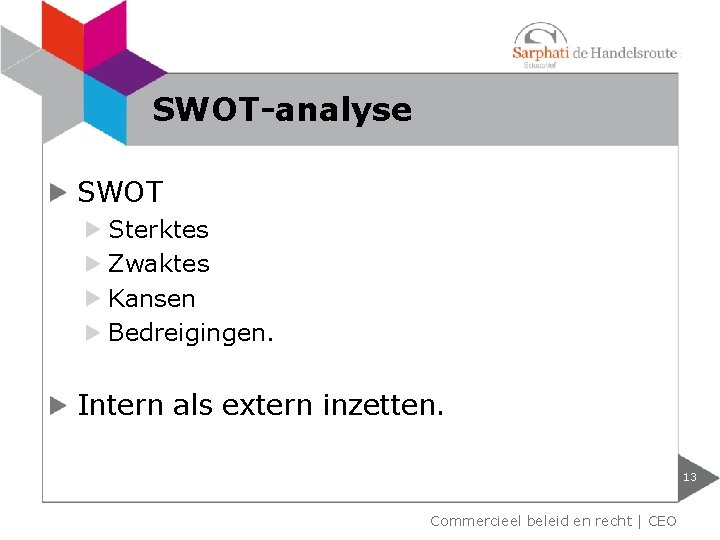 SWOT-analyse SWOT Sterktes Zwaktes Kansen Bedreigingen. Intern als extern inzetten. 13 Commercieel beleid en