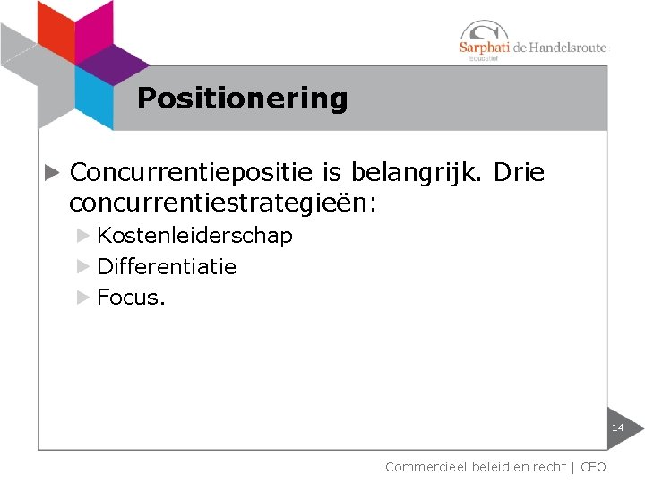 Positionering Concurrentiepositie is belangrijk. Drie concurrentiestrategieën: Kostenleiderschap Differentiatie Focus. 14 Commercieel beleid en recht