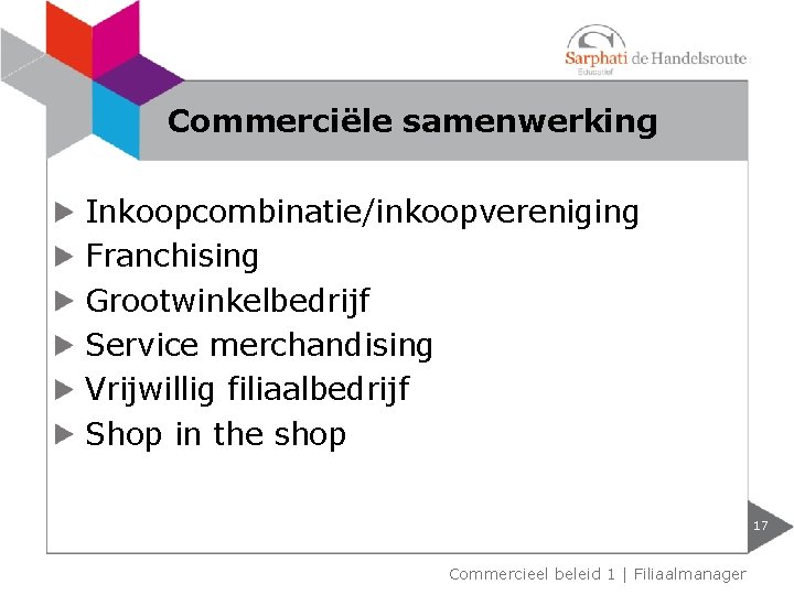 Commerciële samenwerking Inkoopcombinatie/inkoopvereniging Franchising Grootwinkelbedrijf Service merchandising Vrijwillig filiaalbedrijf Shop in the shop 17
