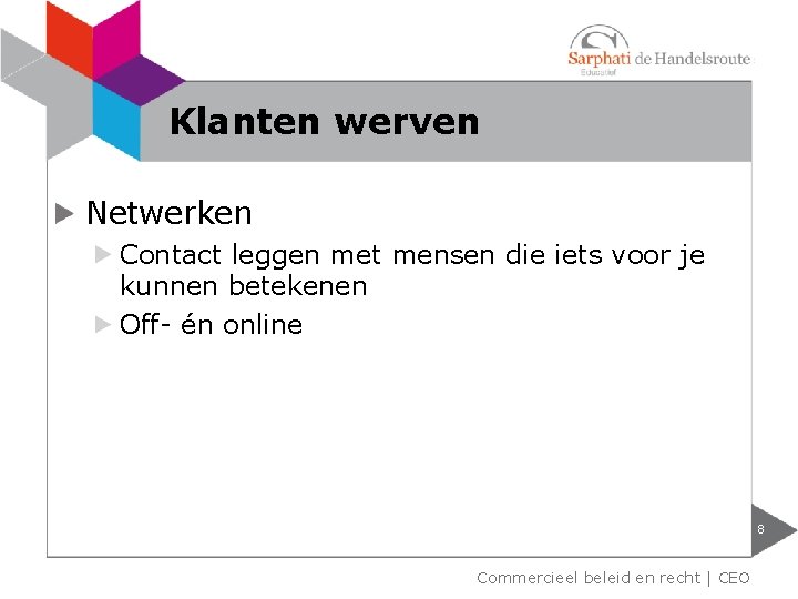 Klanten werven Netwerken Contact leggen met mensen die iets voor je kunnen betekenen Off-