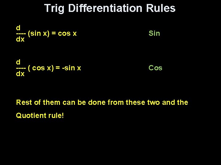 Trig Differentiation Rules d ---- (sin x) = cos x dx Sin d ----