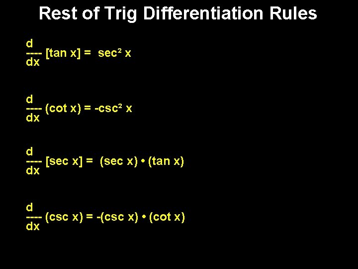 Rest of Trig Differentiation Rules d ---- [tan x] = sec² x dx d