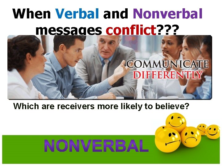 When Verbal and Nonverbal messages conflict? ? ? Which are receivers more likely to