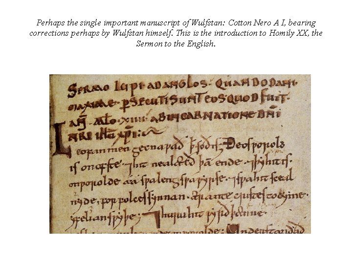 Perhaps the single important manuscript of Wulfstan: Cotton Nero A I, bearing corrections perhaps