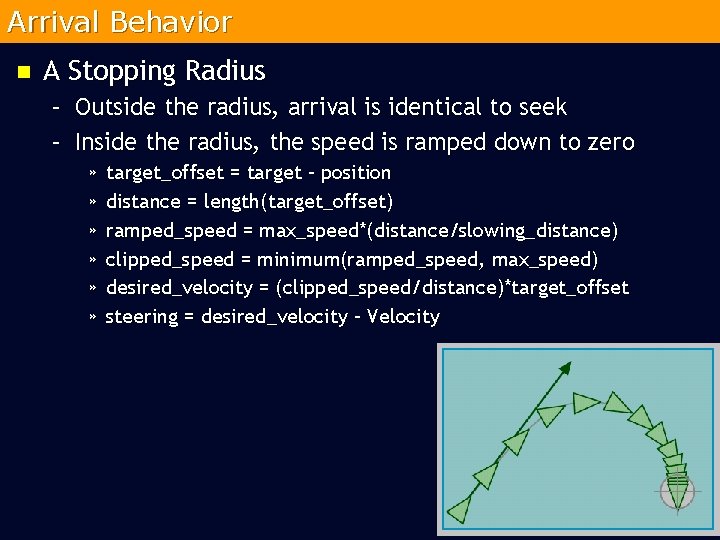 Arrival Behavior n A Stopping Radius – Outside the radius, arrival is identical to