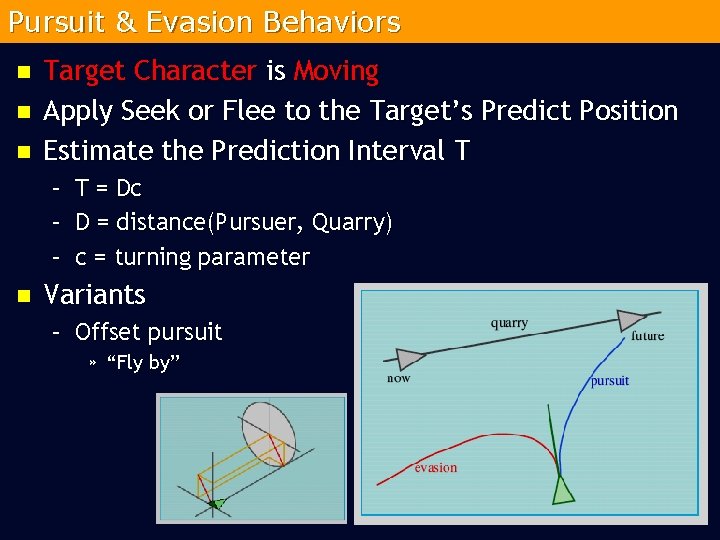 Pursuit & Evasion Behaviors n n n Target Character is Moving Apply Seek or