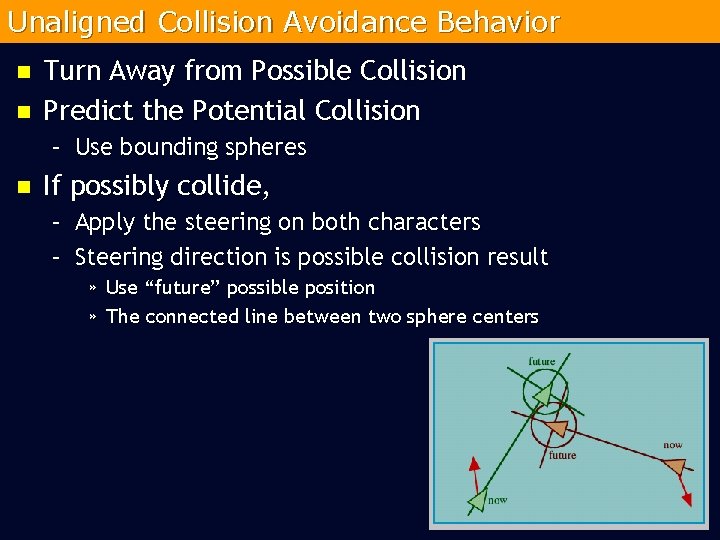 Unaligned Collision Avoidance Behavior n n Turn Away from Possible Collision Predict the Potential