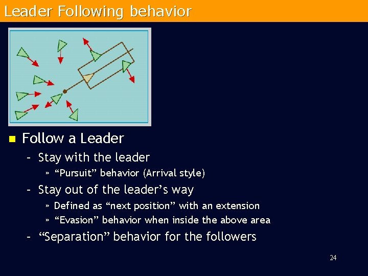 Leader Following behavior n Follow a Leader – Stay with the leader » “Pursuit”