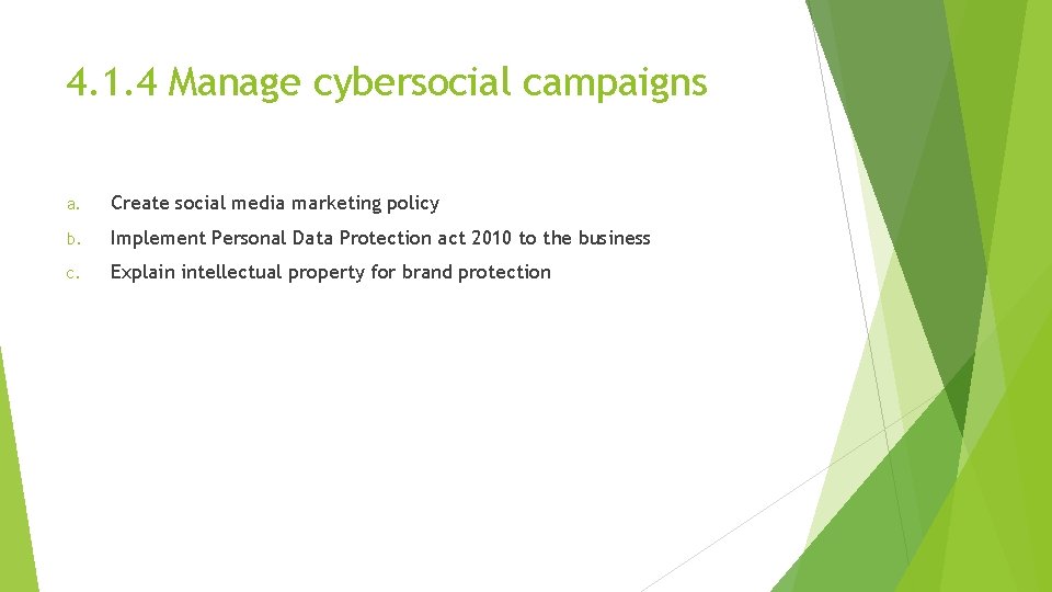 4. 1. 4 Manage cybersocial campaigns a. Create social media marketing policy b. Implement