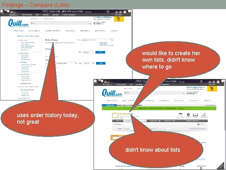 Findings – Compare (Lists) would like to create her own lists, didn't know where