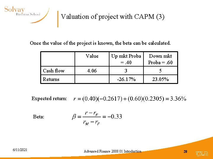 Valuation of project with CAPM (3) Once the value of the project is known,