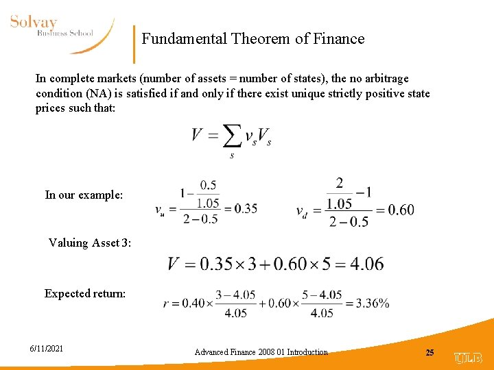 Fundamental Theorem of Finance In complete markets (number of assets = number of states),